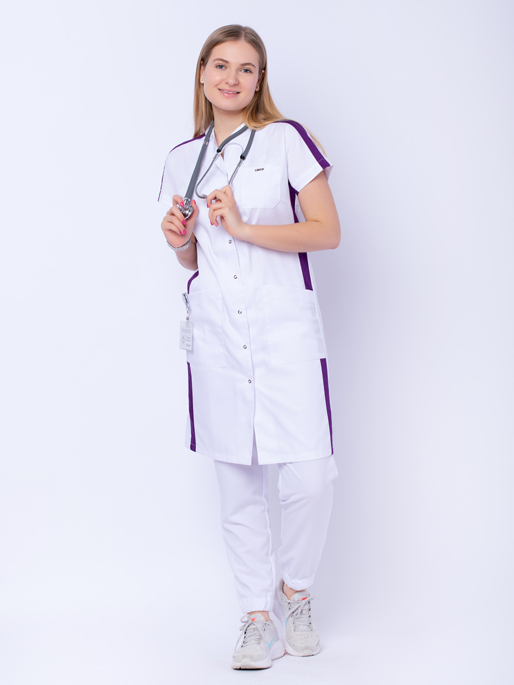 Халат-медицинский-женский-белый-дизайнерский-c-цветными-вставками-доктор-стиль-1