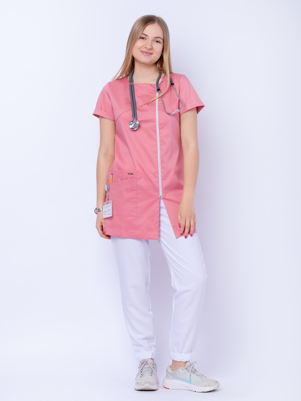 Блуза-медицинская-женская-рубашка-на-молнии-с-карманами-розовая-1