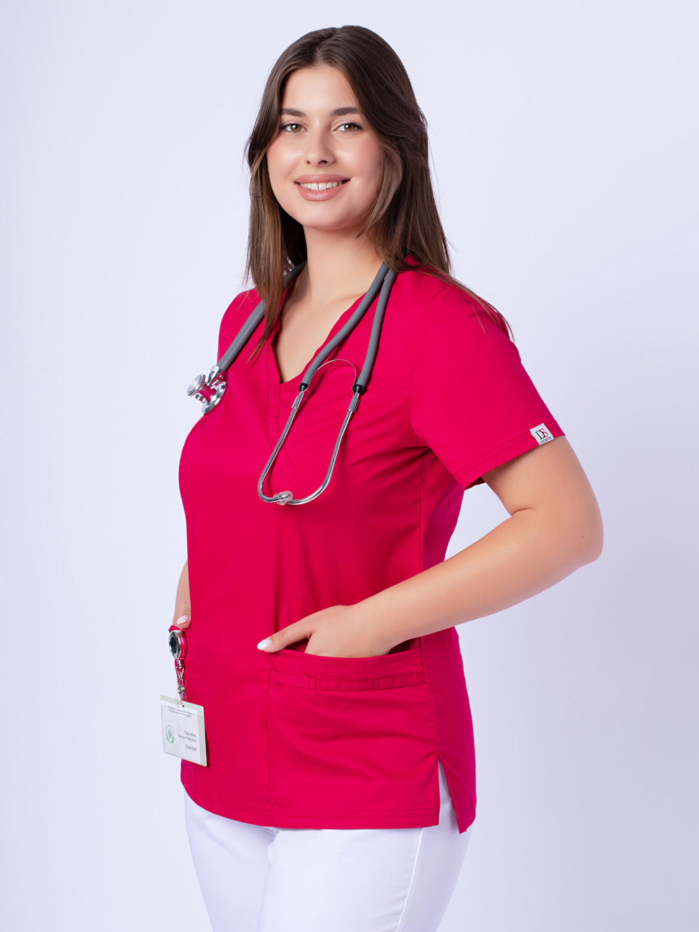 блуза-женская-хирургичка-медицинская-рубашка-доктор-стиль-малинового-цвета-2